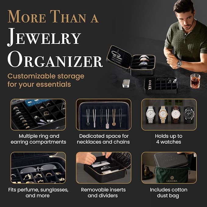 Jewelry Box for Travel – Premium Leather Jewelry Box for Women & Men with Gold-Tone Zipper Hardware, Multi-Compartment Jewelry Organizer, (Black) - Image 4