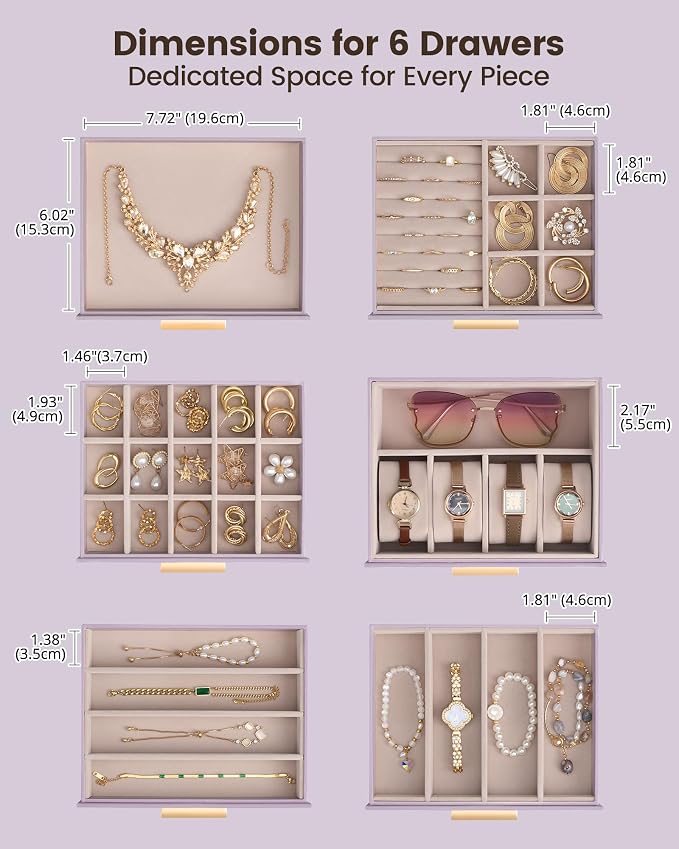 Lolalet Large Jewelry Box Organizer for Women, 7-Layer Jewelry Organizers and Storage Case with Mirror & 6 Drawers, Lockable Watch Ring Earring Bracelet Necklace Holder Girls Gift -7Layer, HazePurple - Image 7