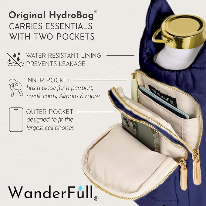 WanderFull Original HydroBag Handle®, Zipper for Handle, 40 oz Water Bottle Holder w/Strap, Crossbody Carrier Bag w/Phone Pocket, Tumbler Accessories - Navy Matte w/Vegan Leather Trimmed Strap - Image 3