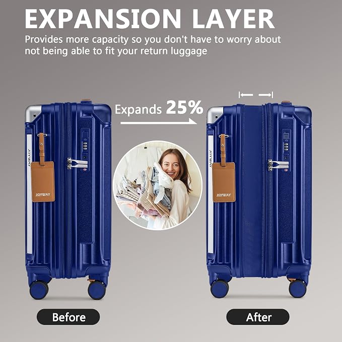 Joyway Luggage Sets 3 Piece, Expandable Suitcase with Smart Cup Holder and USB Port, Hardside Carry On Checked with TSA Lock Spinner Double Wheels, Blue - Image 2