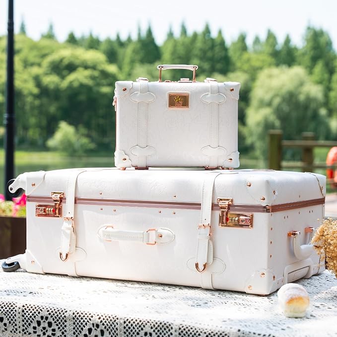 urecity 20" Rose White Vintage Luggage Set 2 Piece, Aluminum Frame Retro Carry On Suitcase with Cosmetic Case, Vegan Leather Spinner Trunk for Women (Clear Cover Included) - Image 3