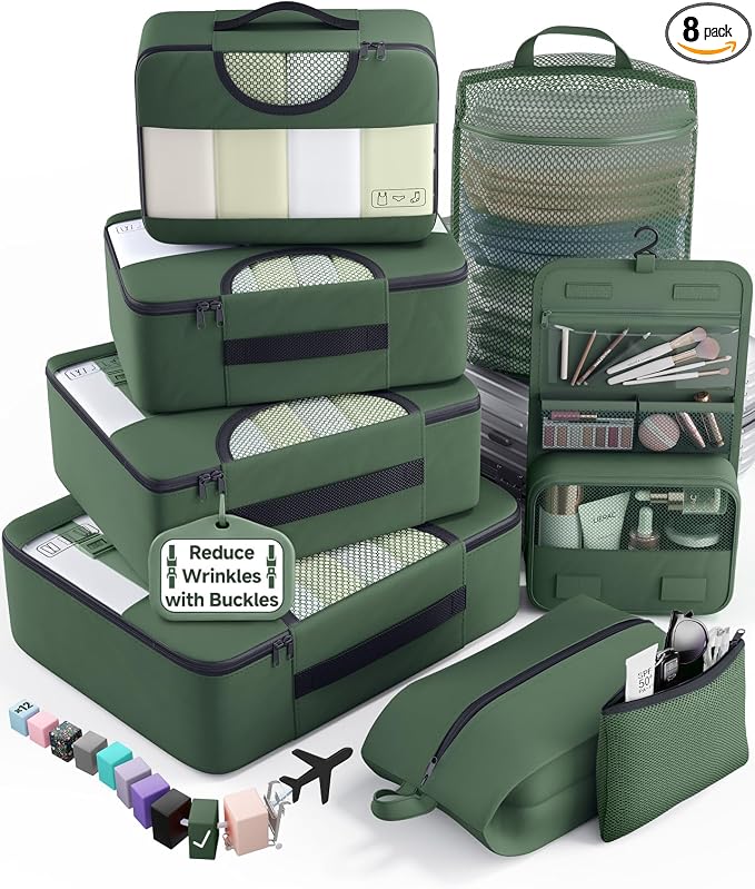 Veken 8 Set Packing Cubes for Travel Essentials,Anti-Wrinkle Buckled Suitcase Organizer for Shoe & Toiletry Bag,Carry On Luggage Bag with 99+ Count Mesh Holes for Airplane & College Dorm Accessories by Veken