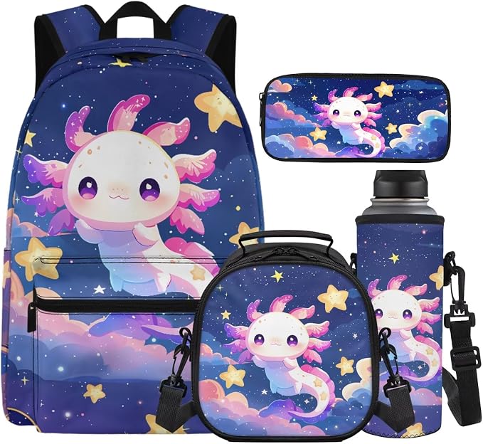 Axolotl School Bags for Girls 7-10 10-12 Galaxy Stars Backpacks for Girls with Lunch Box Pencil Case Water Bottle Holder 4-Piece Elementary School Essentials for Teens Student Bookbag Set by Unknown