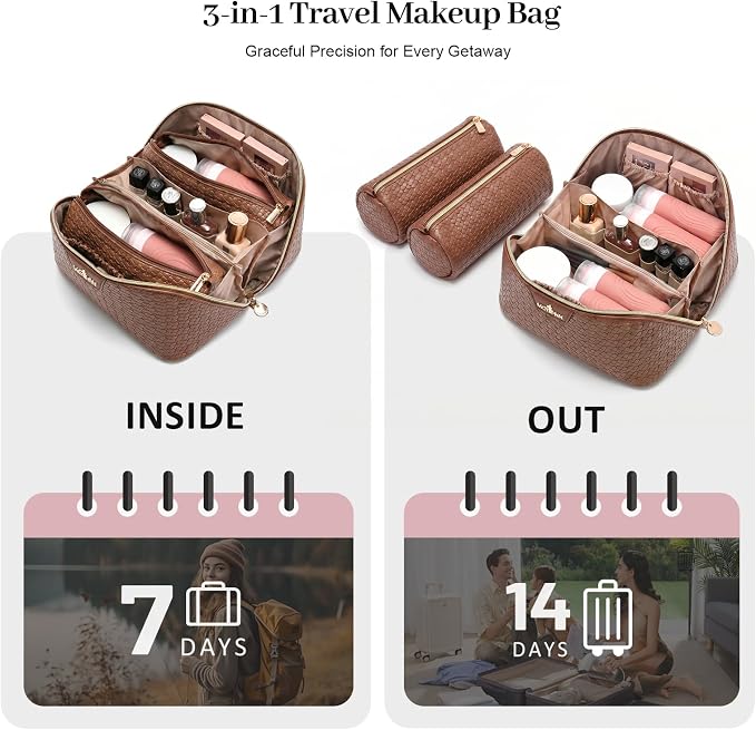 Travel Makeup Bag for Women: Designer 3 Pcs Set Cosmetic Bags for Women - Large Capacity Vagen Leather Hand-made for Toiletry Organizer - Ladies Travel Flat Open Essentials for Luxury (07Brown) - Image 6