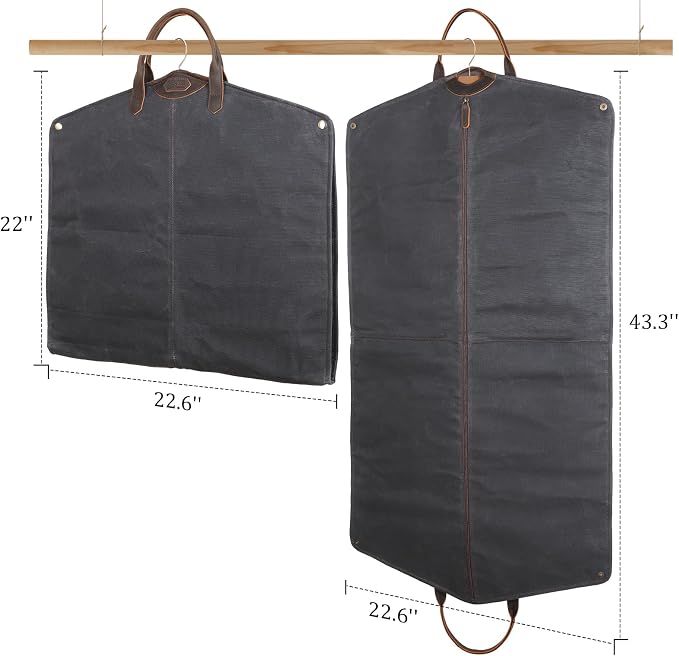 Polare 43” Waxed Canvas Full Grain Leather Trim Garment Bag for Travel, Large Carry on Business Suitcase Cover with YKK Zipper, Waterproof Hanging Suit Garment Cover with Handles,1 pack - Image 5