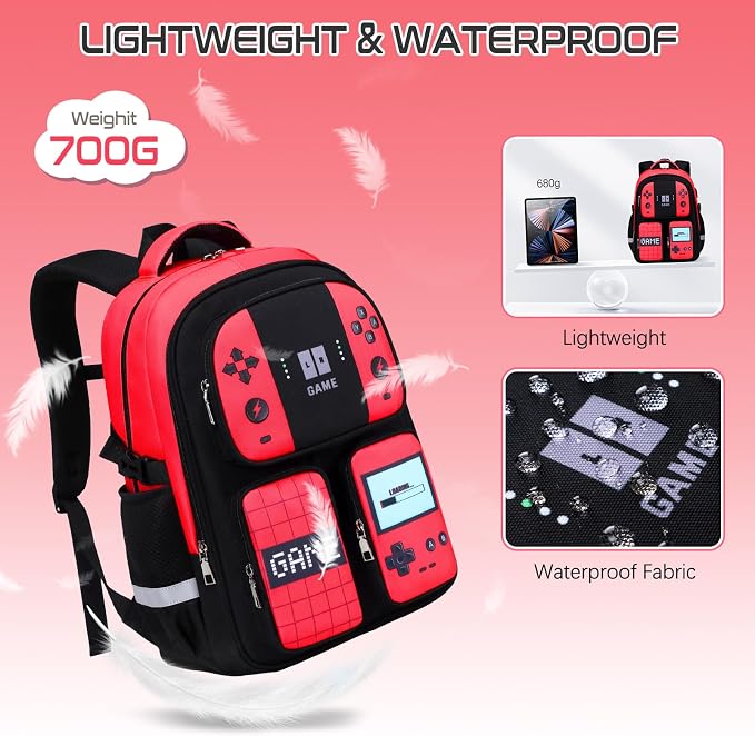 Jafeton Gamer Backpack for Boys, 3PCS Boys Backpack with Lunch Box & Pencil Pouch, Waterproof School Bags for Boy Kids Children Teens, Elementary Middle School, Kids Book Bag Casual Daypack (Red) - Image 4