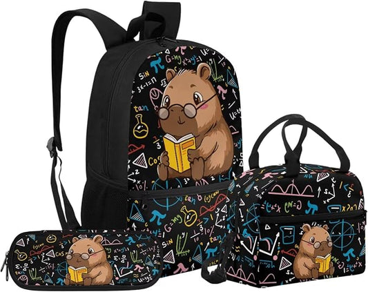 Capybara and Books 3 Pieces Kids Backpack Set Girls Boys Bookbag with Lunch Bag and Pencil Case School Bags for Elementary Primary Student by Unknown