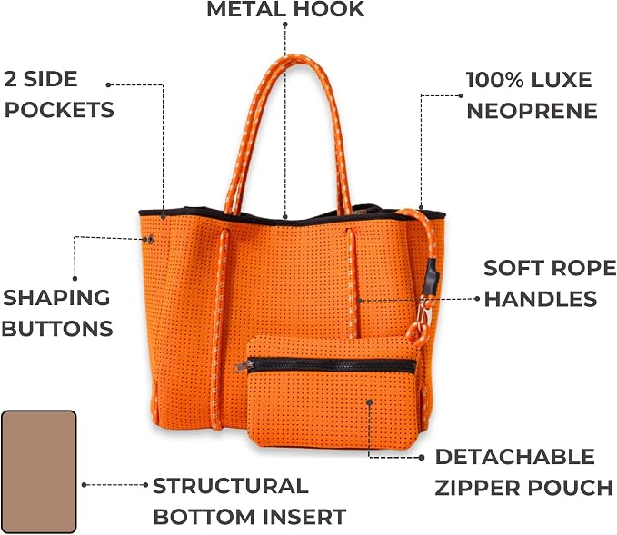 POPUPS Large Neoprene Tote Bag for Women - Everyday Designer Handbag for Travel Work and Beach with Pockets and Zipper Pouch - Image 6