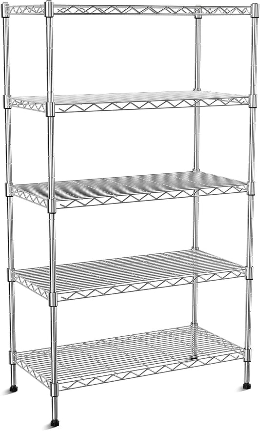5-Tier Heavy Duty Metal Shelf,Chrome Wire Shelving Unit 35" Wx18 Dx71 H,Height Adjustable Storage Wire Shelves with Lockable Wheels for Garage,Kitchen,Office,Bathroom,Studio by Vanzbon
