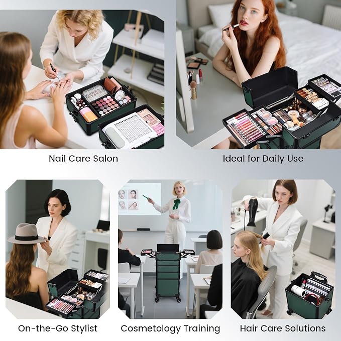 Rolling Makeup Case Makeup Train Case with Lid 5 in 1 Cosmetology Case on Wheels Cosmetic Trolley Organizer Large Makeup Organizers Case Profesional Cosmetic Case for Salon Barber Nail, Dark Green - Image 6