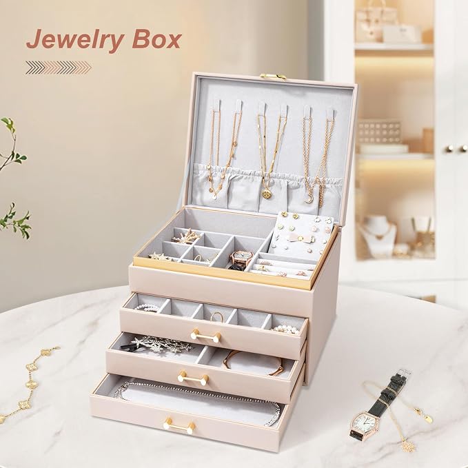 Large Jewelry Box, 4-Layer Leather Organizer, Apricot | 3 Drawers, Display Case, For Women Girls - Image 7