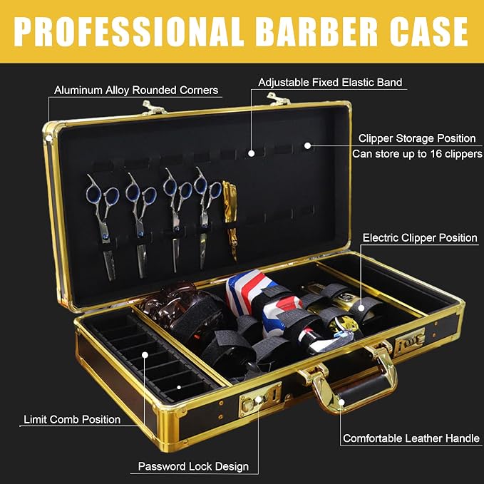 GYKLE Gold Barber Case, Large Barber Carrying Suitcase with Code Lock | Large Space, Comes with Shoulder Strap, Aluminum Clippers Case, Hair Cutting Tools Organizer Box - Image 3