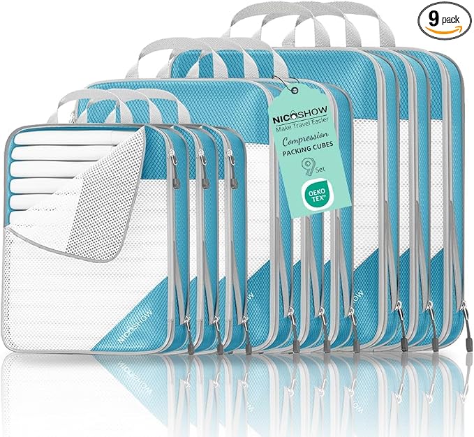 9 Set Compression Packing Cubes for Travel - Compressible, Lightweight, and Space-Saving Packing Cubes, Travel Essentials for Women, Teal by NICOSHOW