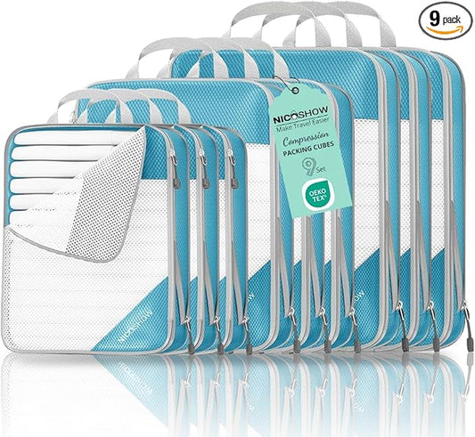 9 Set Compression Packing Cubes for Travel - Compressible, Lightweight, and Space-Saving Packing Cubes, Travel Essentials for Women, Teal by NICOSHOW