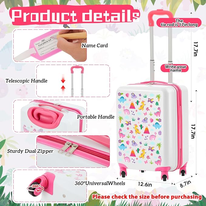 Redbaker 6 Pcs Kids Luggage Set, 17 Inch Rolling Suitcase with Backpack Lunch Bag Neck Pillow, Pink Dinosaur Travel Set for Summer Vacation Sleepover Back to School Gift - Image 2