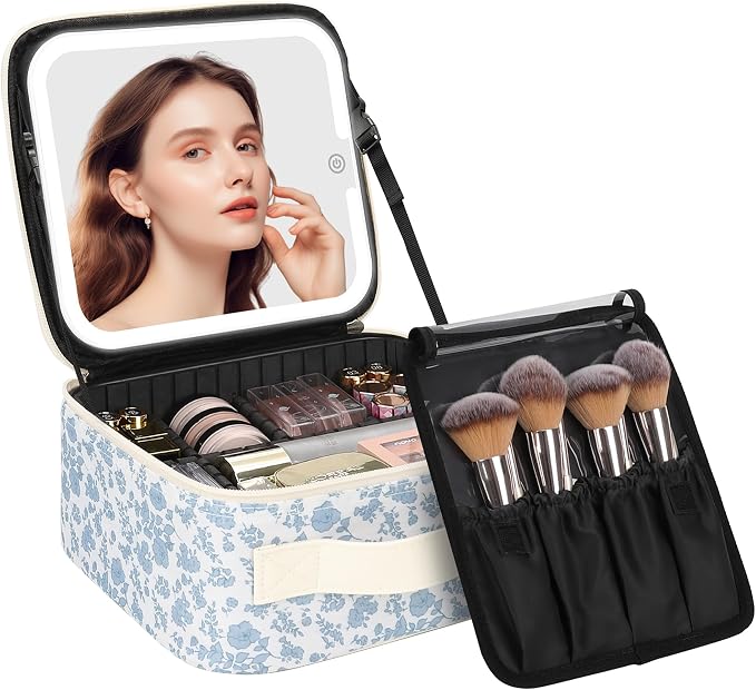 Chomeiu Makeup Bag with LED Mirror, Travel Cosmetic Bags for Women Girls Portable Train Case Makeup Artists Storage Organizer Box with Light Up Mirror 3 Color Lights, Floral Print by Chomeiu
