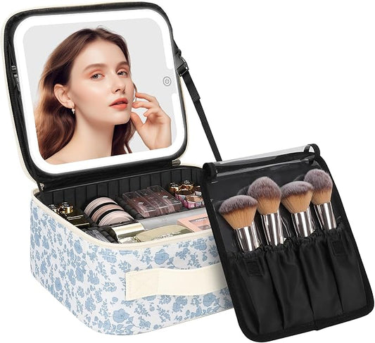 Chomeiu Makeup Bag with LED Mirror, Travel Cosmetic Bags for Women Girls Portable Train Case Makeup Artists Storage Organizer Box with Light Up Mirror 3 Color Lights, Floral Print by Chomeiu