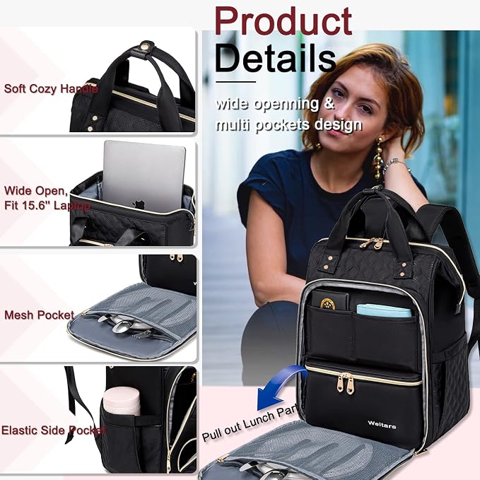 Weitars Lunch Backpack For Women,15.6 Inch Laptop Backpacks For Womens Back pack, Travel Backpacks,Work Backpack For Women (Black) - Image 7