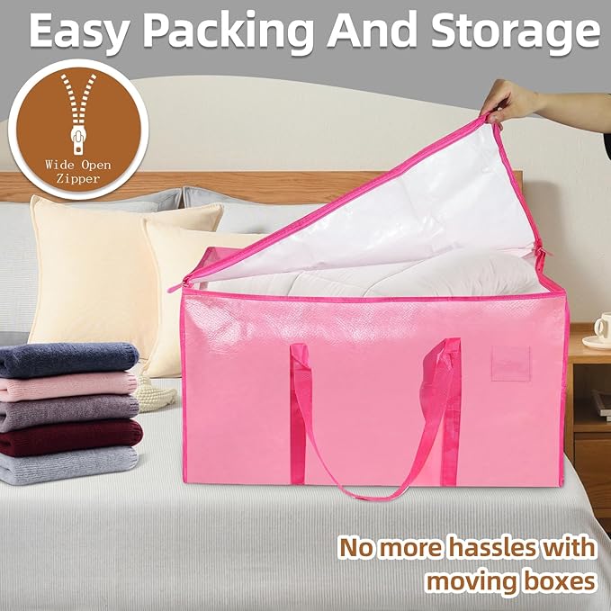 8 Pack-Extra Large Heavy Duty Moving Bags - Waterproof Storage Totes with Handles & Zippers, Foldable for College Dorm, Storage (Pink) - Image 5
