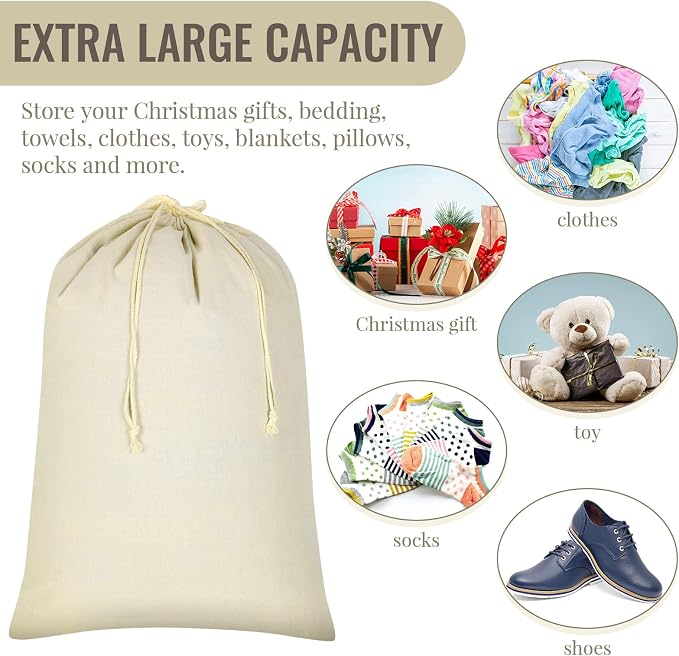 Remagr 12 Pcs 24" x 36" Canvas Laundry Bags Bulk Large Cotton Laundry with Drawstring Heavy Duty Hamper Liner Washable Dirty Clothes Santa Bag for Travel Household - Image 3