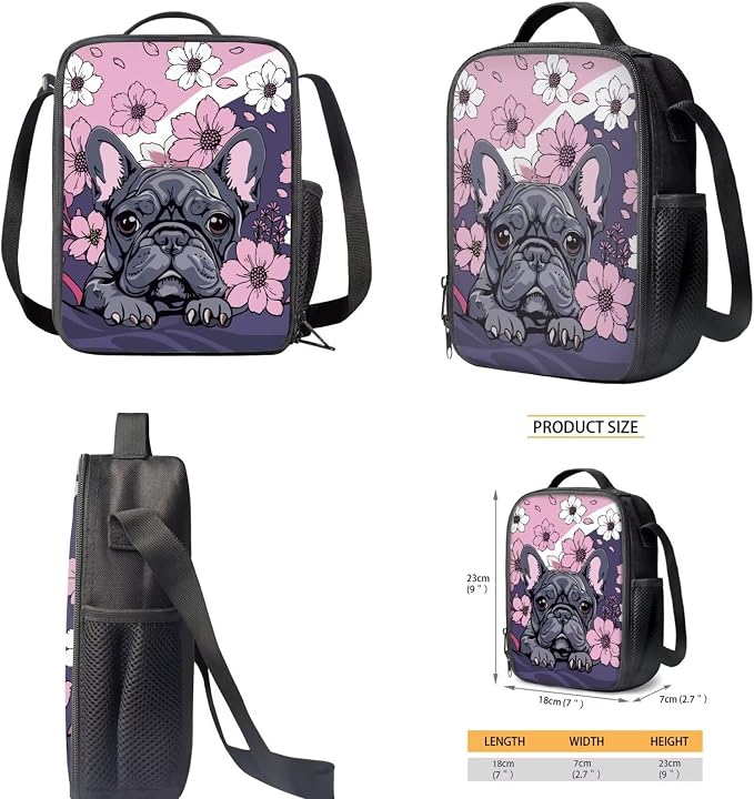 French Bulldog Backpack and Lunch Box for Girls 6-7/7-8 Floral Kids Bookbag with Lunch Bag Set 4PCS Elementary School Back Pack Lunchbox Pencil Case Water Bottle Holder Preschool Book Bags - Image 5