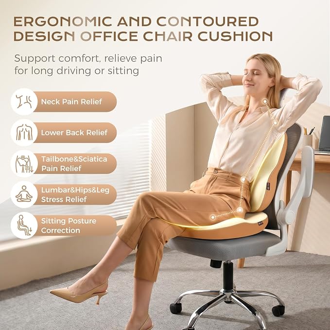 Coverado Truck Seat Cushion and Lumbar Support Headrest Pillow Memory Foam Ergonomic Car Cushion Back Neck Support Pillow Sciatica & Back & Tailbone Pain Relief Car Cushions for Driving Coffee&Beige - Image 3
