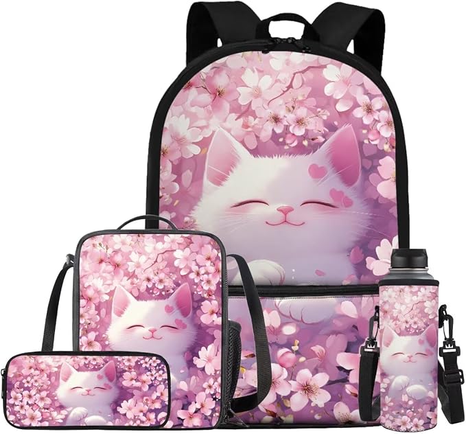 White Cat Backpack with Matching Lunch Box for Girls Kindergarten Elementary School Bag with Pencil Case Lightweight Student Bookbag for Kids Back to School Gift for Students by Bivxisrvo