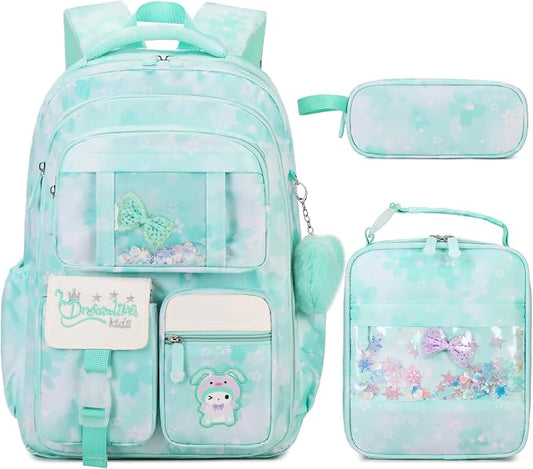 Jafeton Backpacks for Girls, Girls Backpack with Insulated Lunch Box and Pencil Case for Kids Teens Elementary Middle High School Student, Cute Bow School Bag Travel Daypacks Book Bag Set (Green) by Jafeton