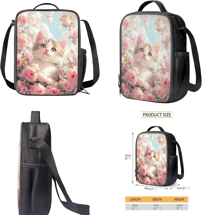 Custom Cat Backpack Lunchbox Set for Girls Personalized Pink Flower Kids Bookbags for 2nd Grade Elementary School Back Pack 4 in 1 Middle Book Bags Lunch Bag Pencil Case Water Bottle Carrier - Image 5