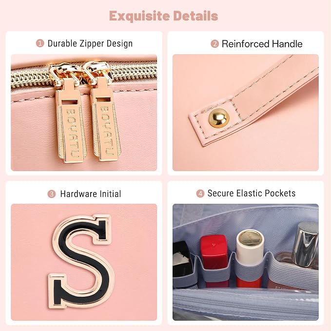 BOYATU Makeup Bag Gift for Women: 3-in-1 Travel Personalized Cosmetic Bag | Initial Make up Bag - Monogram A-Z - Vegan Leather Flat Open Toiletry Organizer - Ideal Gift Set for Birthday Graduation - Image 7