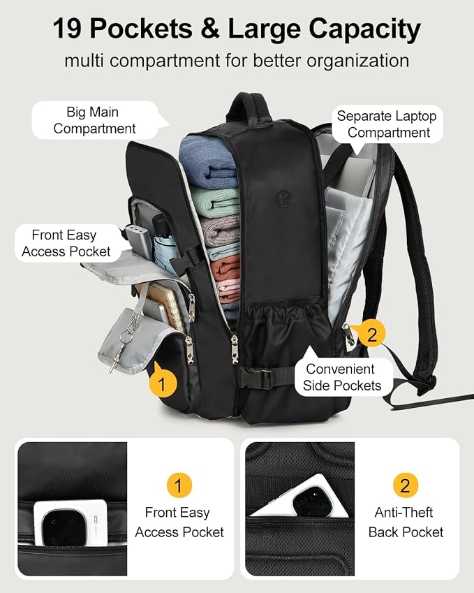 Travel Backpack for Women & Men, Carry On Personal Item Bag Flight Approved, Large Waterproof Laptop Backpack for Travel, Overnight, College & Commuting Black - Image 7