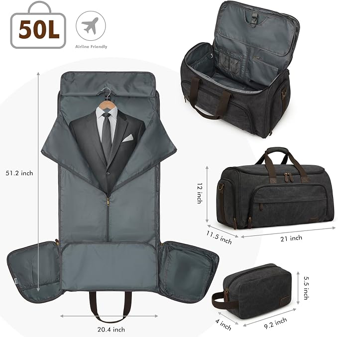 S-ZONE Carry On Garment Bag for Travel Convertible Garment Duffle Bag Suit Bags for Men Women Travel 2 in 1 Hanging Suitcase Business Travel Bag with Toiletry Bag, Black, 50l | 2-in-1 Hanging Suitcase, with Toiletry Bag, Wet/Dry Pockets, Shoe Compartme... - Image 3