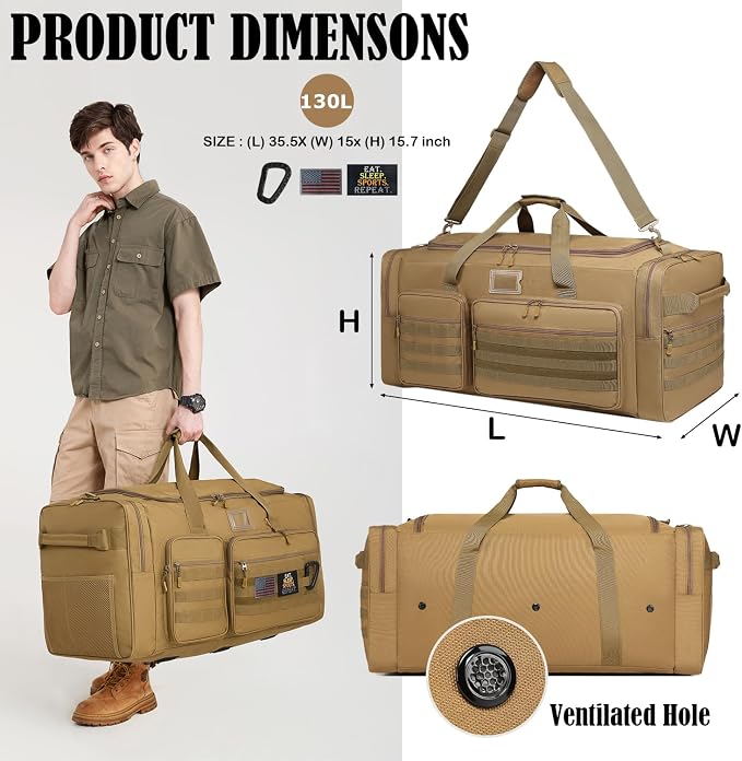 130L Extra Large Duffle Bag for Men, Heavy Duty Duffle Bag for Travel, Large Sports Gym Equipment Bag for Hockey Football Soccer Baseball Basketball & Team training, 130L, Brown - Image 2