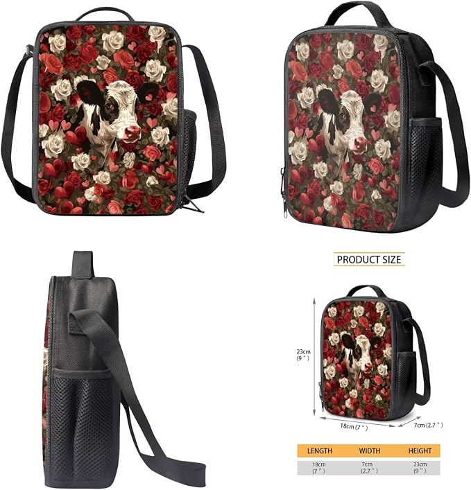 Retro Rose Cow Print Backpack Set for Student Schoolbag Large Capacity Bookbag Lunch Box Pencil Case 17 Inch Travel Laptop Backpacks Fashion Rucksack Lightweight Daypack - Image 4