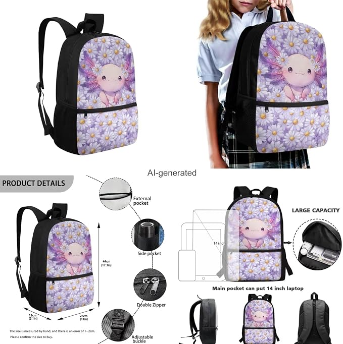 Daisy Axolotl Backpack for Girls Kids Backpack with Lunch Box Water Bottle Carrier with Strap and Big Pencil Case 4PCS Set Bookbag with Front Pocket for School 17" Sturdy Elementary School Bag - Image 3