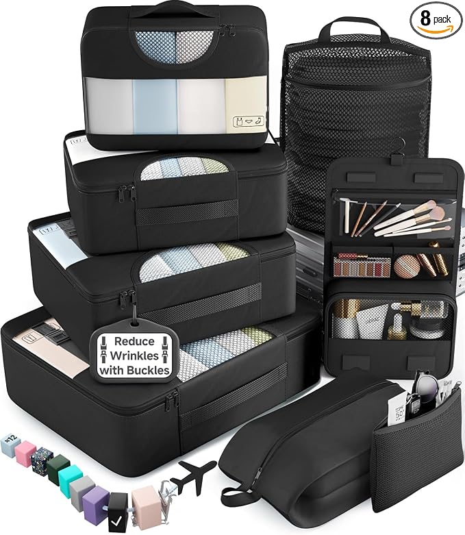Veken 10 Set/8 Set Packing Cubes for Travel Essentials,Anti-Wrinkle Buckled Suitcase Organizer for Shoe & Toiletry Bag,Carry On Luggage Bag for Airplane & College Dorm Room Accessories,Women Men Gifts by Veken