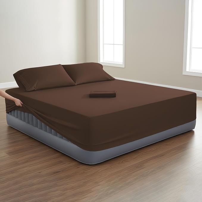 Mocassi 4-Piece Extra Deep Pocket 16-24 Inch Air Mattress Bed Sheet Set- 4PC Sheet Set with Smart Pockets Ideal for Air Beds, RVs, Camping and Guest Rooms Premium Hotel Quality, Queen, Brown - Image 2