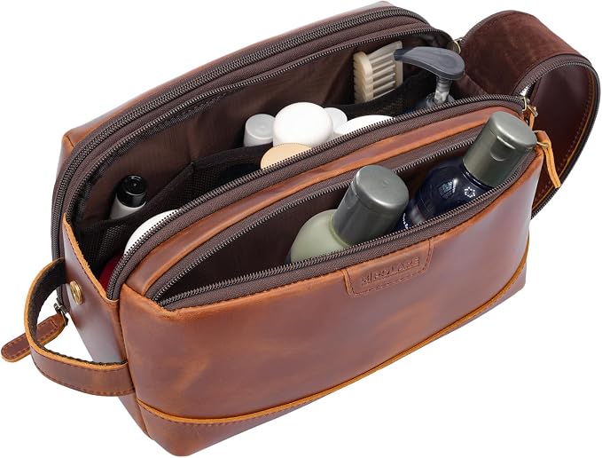 Polare Full Grain Leather Toiletry Bag for Men Large Travel Cosmetic Case Dopp Kit Shaving Kit Wash Pouch with YKK Zippers (Brown) - Image 4
