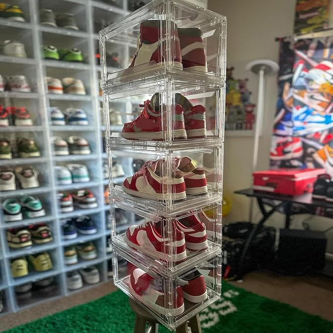 12 Pack Shoe Boxes, Rigid Clear Acrylic Panels Sneaker Display Cases | Magnetic Stackable Drop Front Shoe Storage Container Fits Men’s Size 15 - Image 5