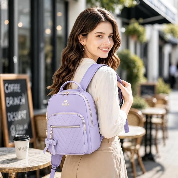MATEIN Purple Backpack Purse, Fashion Cute Mini Bookbag for Women, 2pcs Set | Waterproof Ladies Girls Travel Backpack, Stylish Multipurpose Design Casual Daily Handbags, Shoulder Bag for Work School - Image 2