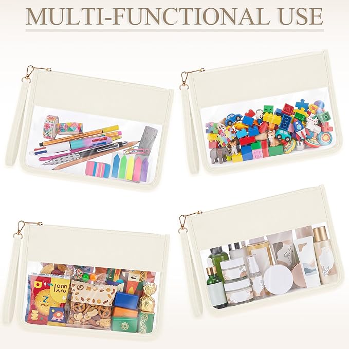 Sweetude 24 Pcs Clear Makeup Bags with Wristlet Pouch DIY Chenille Letter Bag Bulk Waterproof Toiletry Flat Preppy Nylon Clear Zipper Pouches Snack Organizer for Women (Cream White) - Image 6