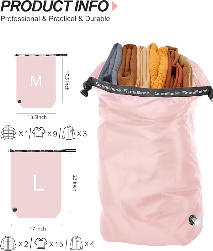 Travel Laundry Bag, Pump-free Vacuum Compression Dirty Clothes Bag, Large Reusable Waterproof & Washable Laundry Bag, Wet and Dry Bag, Ideal for Suitcases, Laundromats (1 Pack) Pink - Image 2