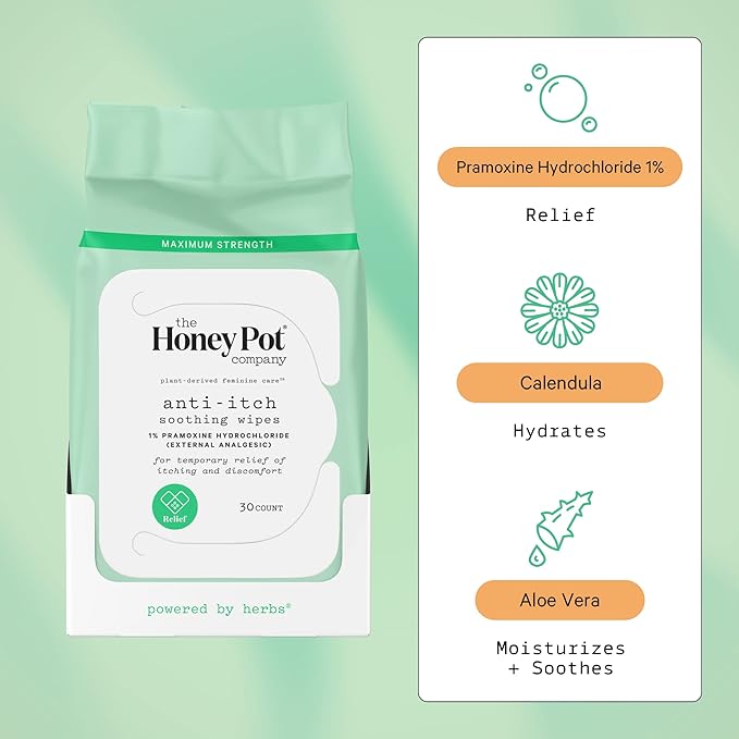 The Honey Pot Company - Anti-Itch Soothing Feminine Wipes - At Home or On the Go Medicated for Temporary Relief of Itching and Discomfort - Maximum Strength - 30 ct.