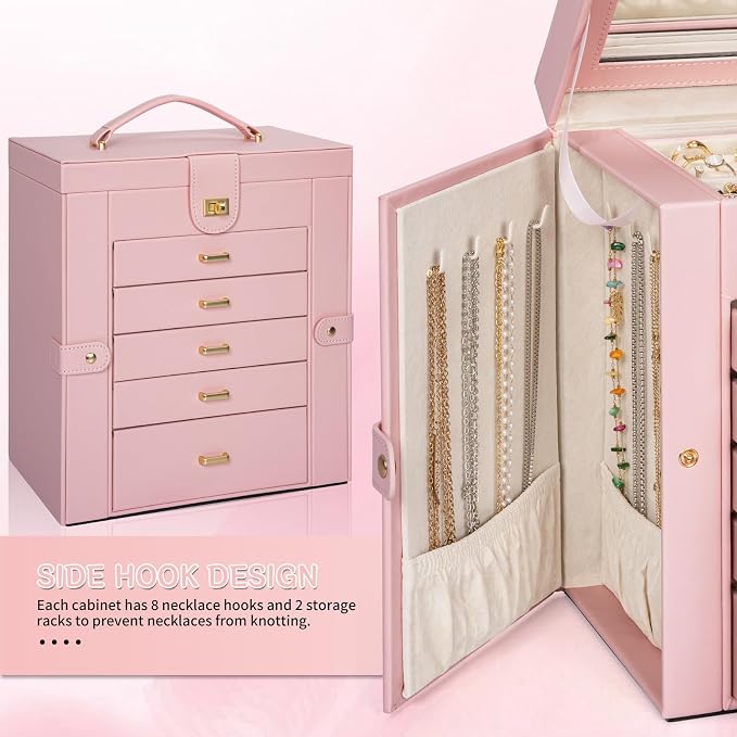 AKOZLIN 6-Tier Jewelry Box Organizer Functional 5 Drawers Leather Jewelry Storage Case for Women Girls Ring Necklace Earring Bracelet Holder Organizer with Mirror Light Pink Large - Image 4