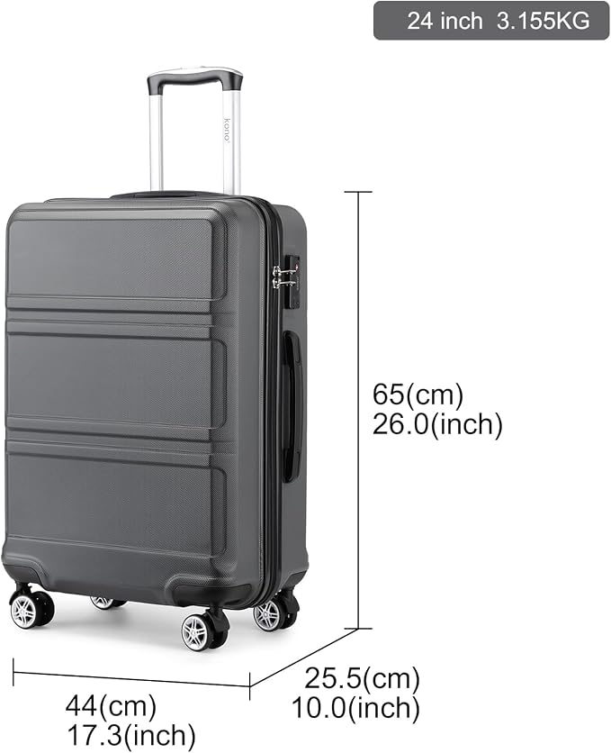 Kono 24 Inch Luggage Suitcase with Spinner Wheels TSA Lock | Lightweight PC+ABS Hardside Medium Checked Luggage Durable Rolling Suitcase Grey - Image 8