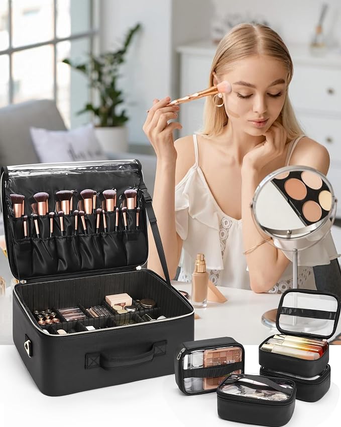 Relavel Extra Large Makeup Case Professional Cosmetic Storage Organizer Box Brush Holder with 4 Clear Set Bags for Makeup Artists with Shoulder Strap & Adjustable Dividers, Leather Black - Image 2