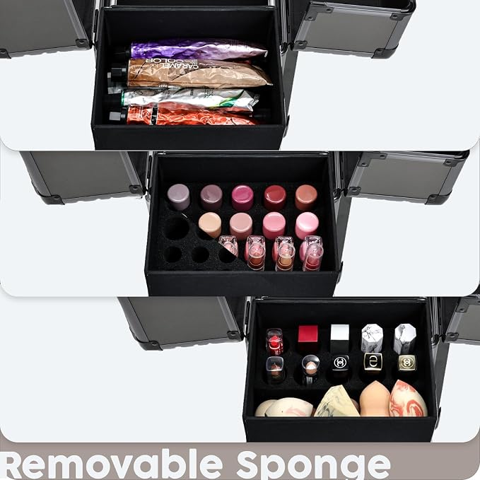 Hododou Rolling Makeup Case Cosmetic Travel Trolley Storage Sliding Drawer 4 Tray Makeup Travel Case with Wheels Salon Barber Case Traveling Cart Trunk for Cosmetologist Nail Tech Hairstylist Grey - Image 4