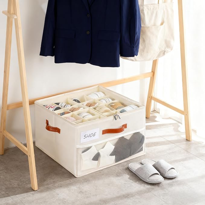 Shoe Organizer for Closet, Shoe Storage Box, Foldable Shoe Box with Adjustable Dividers and Clear Cover, Closet Shoe Organizer Fits up to 16 Pairs, 1-Pack, Extra Storage Pocket for Socks - Image 6