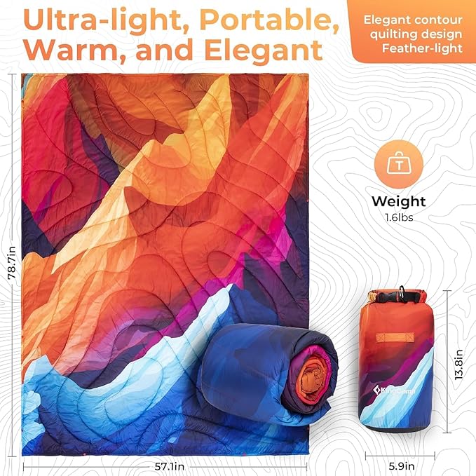 KingCamp Ultralight Camping Blanket, Packable Down Alternative Puffy Printed Wearable Blanket with Snap Buttons & Corner Loops Weatherproof Quilt for Outdoor Travel Stadium (78.7"L x 57.1"W, PEAK) - Image 2