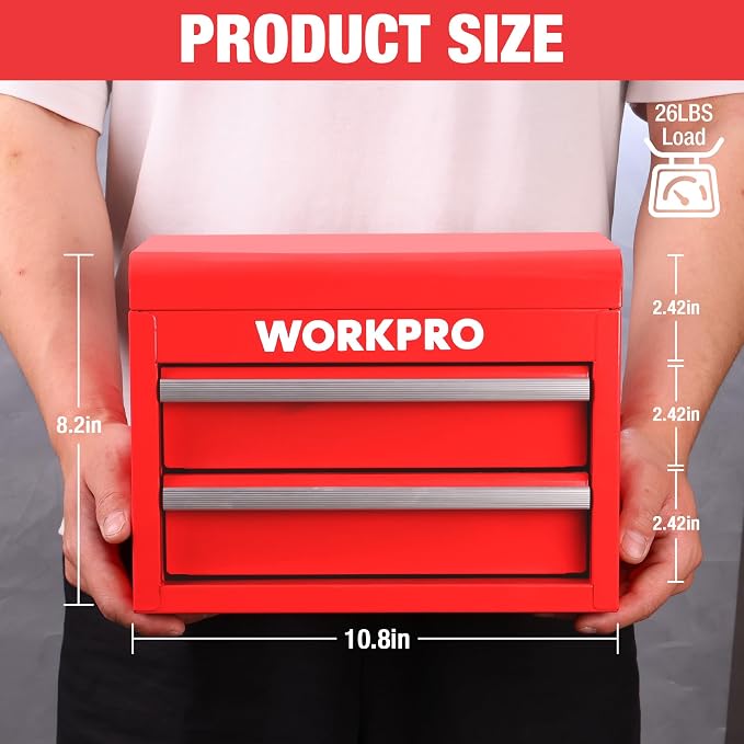 WORKPRO Metal Mini Tool Box with 2 Drawers and Top Storage | Cold Rolled Steel Toolbox, Ball Bearing Slides, PVC Drawer Liners, PP Feet Pads, Durable Storage - Image 2